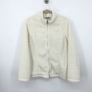 J Jill Women Size Large Jacket Cream White Curly Fleece Zip Front Sweater Top